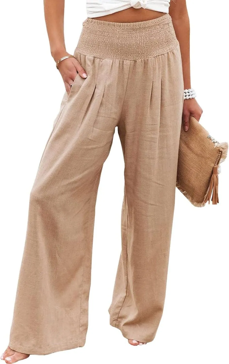 Womens Linen Pants Boho Wide Leg Lounge Pant High Waist Palazzo Pant Summer Beach Trousers Travel Vacation Outfits