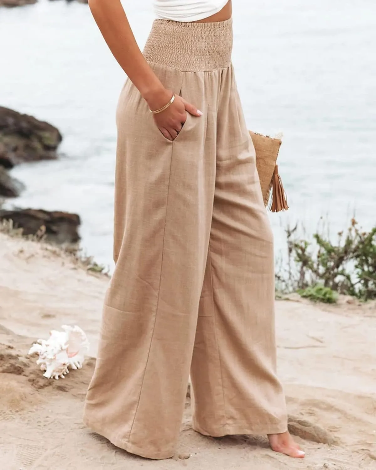 Womens Linen Pants Boho Wide Leg Lounge Pant High Waist Palazzo Pant Summer Beach Trousers Travel Vacation Outfits