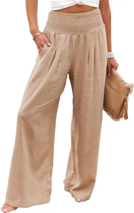 Womens Linen Pants Boho Wide Leg Lounge Pant High Waist Palazzo Pant Summer Beach Trousers Travel Vacation Outfits