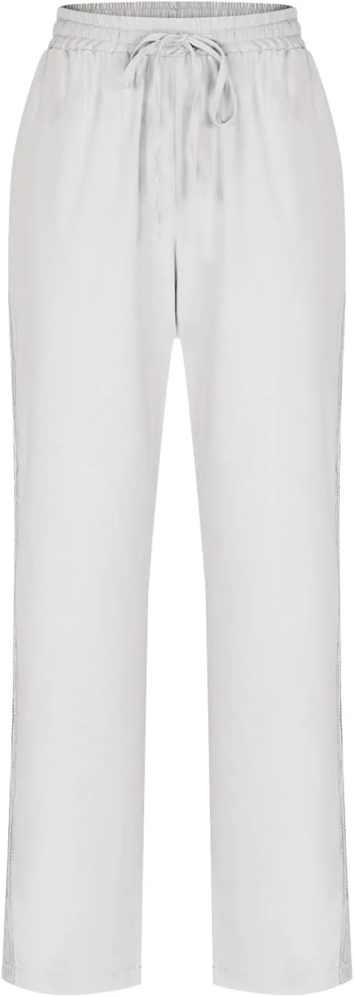 Women's Linen Summer Pants Casual Drawstring Straight Leg Beach Trousers with Pockets Vacation Clothes