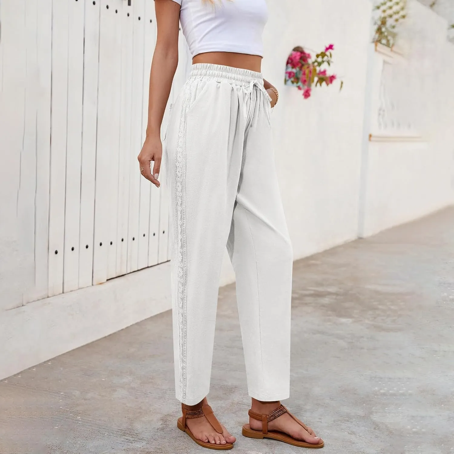 Women's Linen Summer Pants Casual Drawstring Straight Leg Beach Trousers with Pockets Vacation Clothes