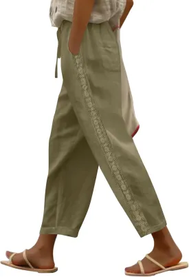 Women's Linen Summer Pants Casual Drawstring Straight Leg Beach Trousers with Pockets Vacation Clothes