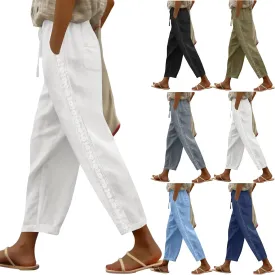 Women's Linen Summer Pants Casual Drawstring Straight Leg Beach Trousers with Pockets Vacation Clothes