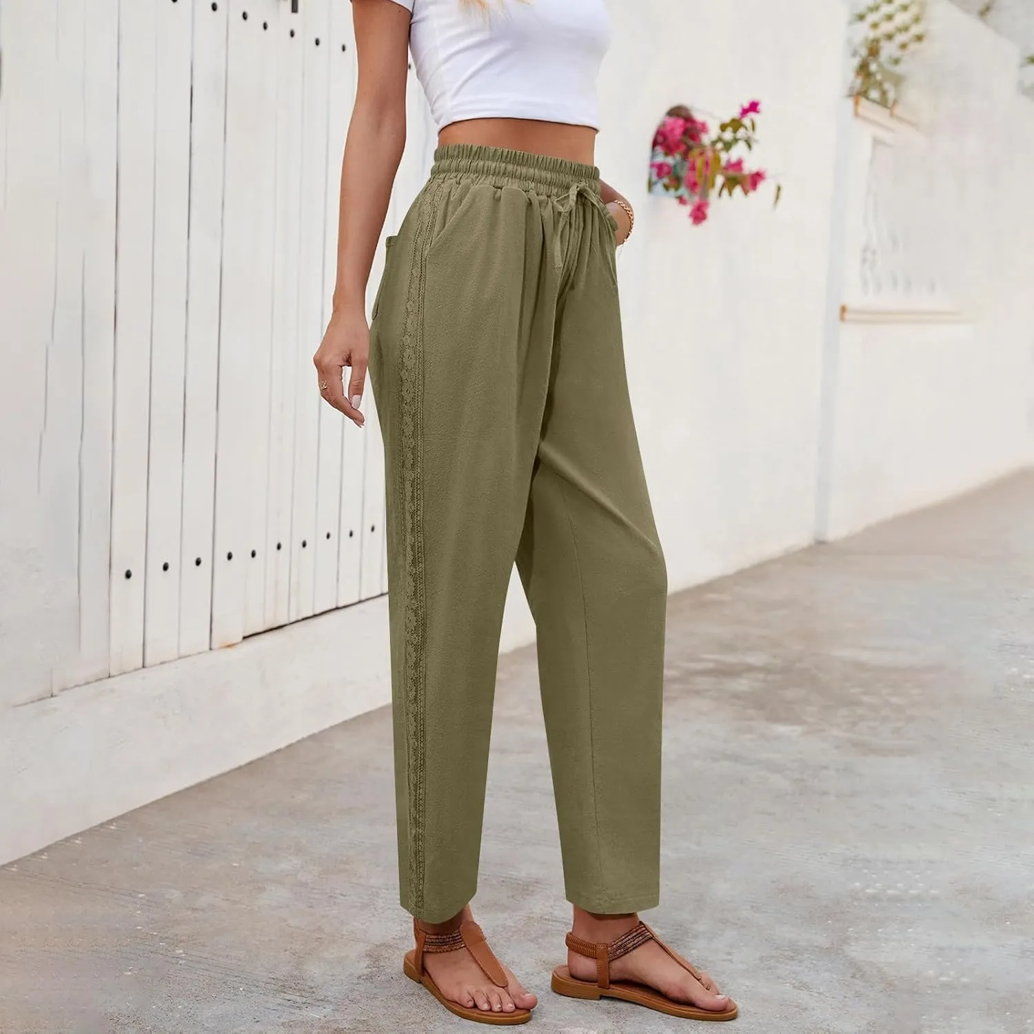 Women's Linen Summer Pants Casual Drawstring Straight Leg Beach Trousers with Pockets Vacation Clothes