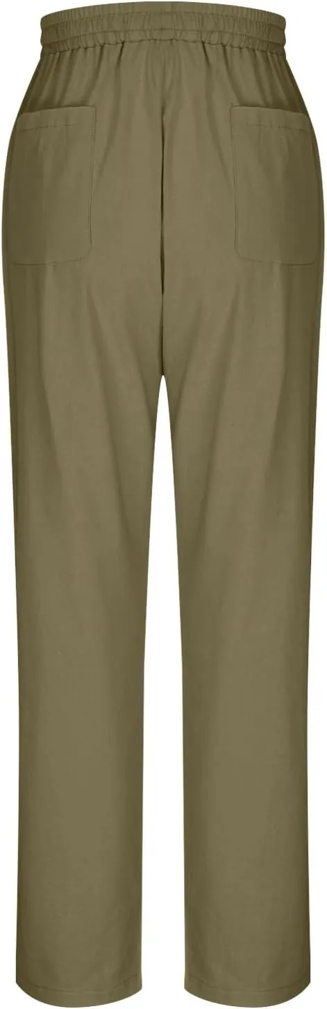 Women's Linen Summer Pants Casual Drawstring Straight Leg Beach Trousers with Pockets Vacation Clothes