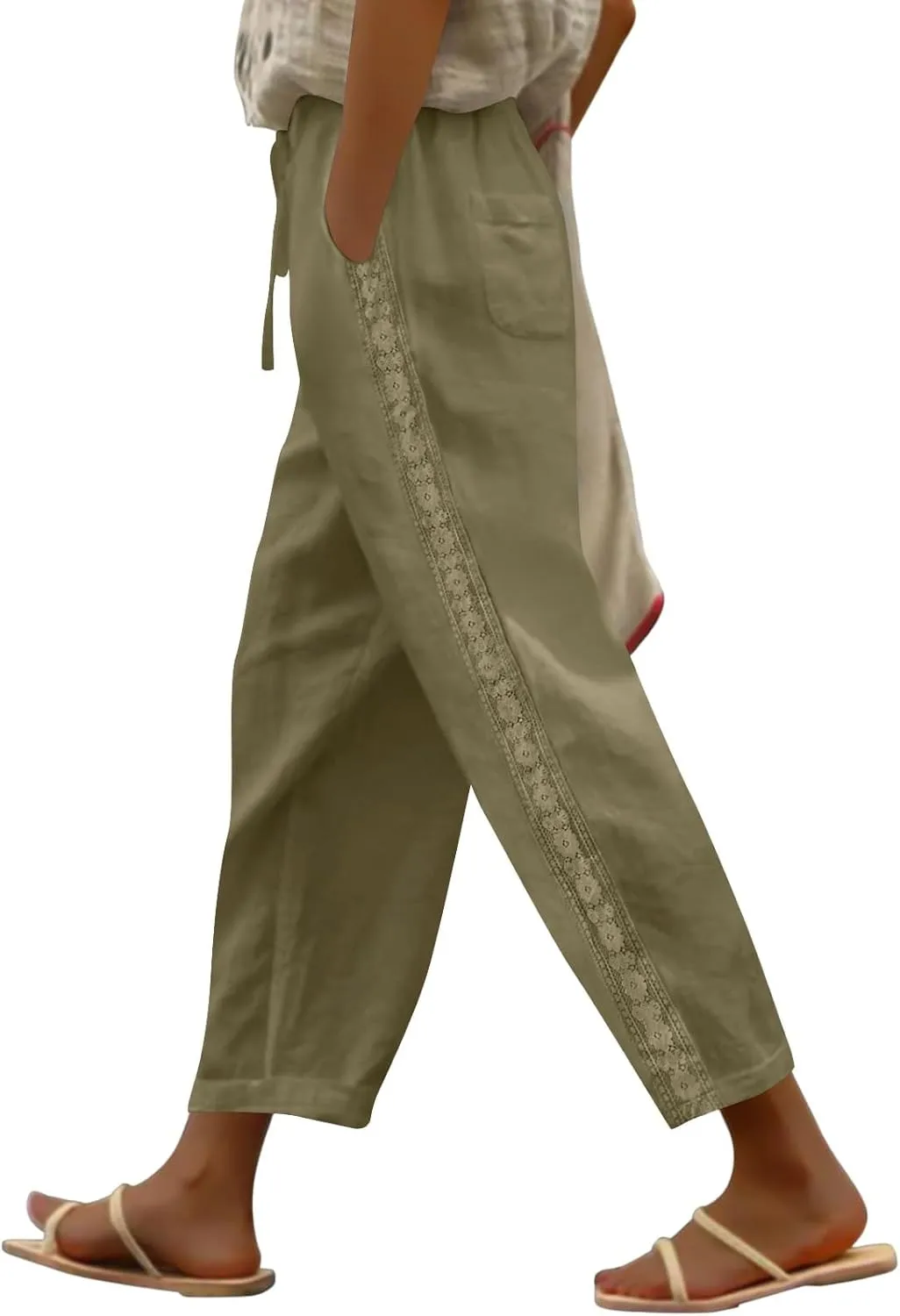 Women's Linen Summer Pants Casual Drawstring Straight Leg Beach Trousers with Pockets Vacation Clothes