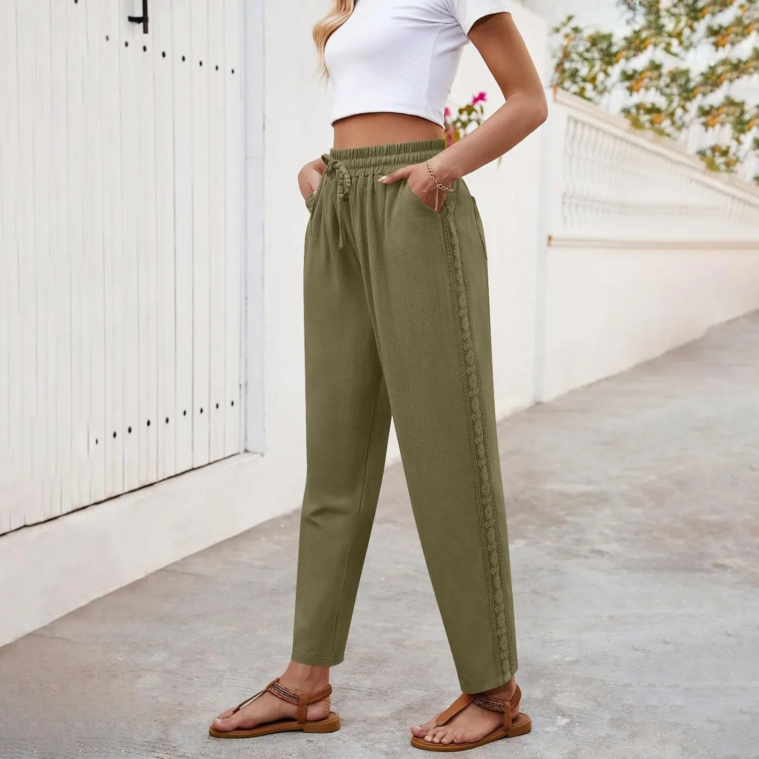 Women's Linen Summer Pants Casual Drawstring Straight Leg Beach Trousers with Pockets Vacation Clothes