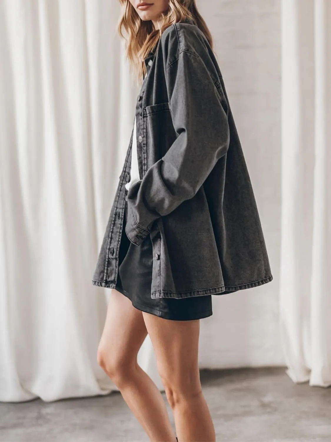 Women's Oversized Denim Shacket Jacket Shirt Button Down Boyfriend Jean Jackets Tops