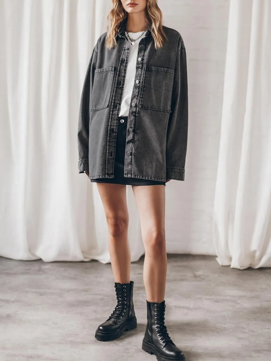 Women's Oversized Denim Shacket Jacket Shirt Button Down Boyfriend Jean Jackets Tops
