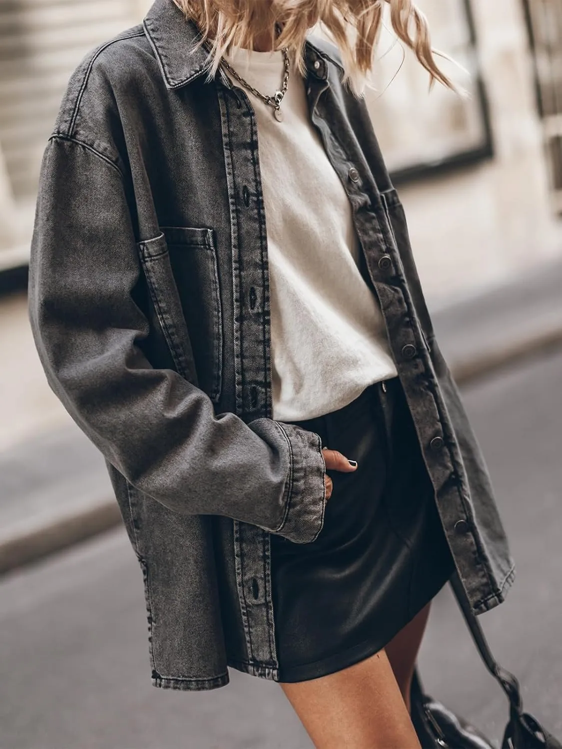 Women's Oversized Denim Shacket Jacket Shirt Button Down Boyfriend Jean Jackets Tops