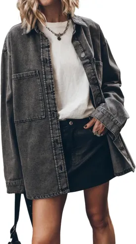 Women's Oversized Denim Shacket Jacket Shirt Button Down Boyfriend Jean Jackets Tops