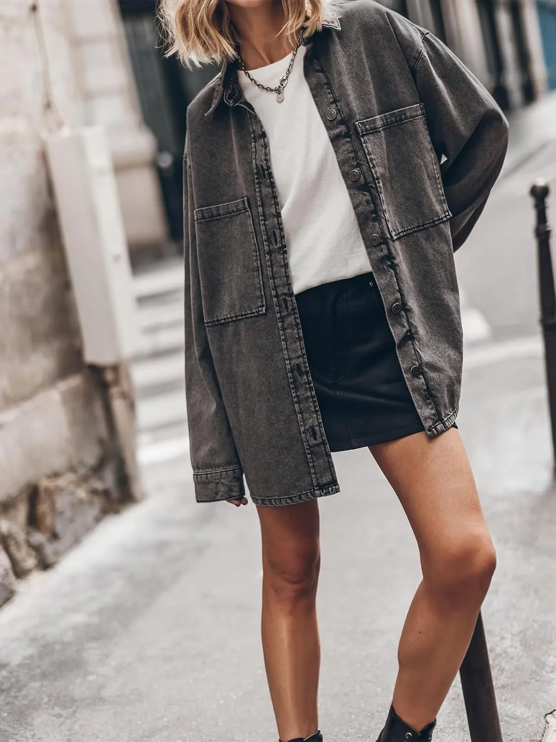 Women's Oversized Denim Shacket Jacket Shirt Button Down Boyfriend Jean Jackets Tops