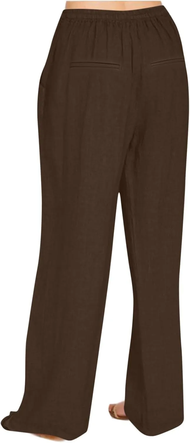 Womens Palazzo Pants Casual Flowy Linen Wide Leg Pants Drawstring Elastic Waisted Summer Beach Trousers with Pockets