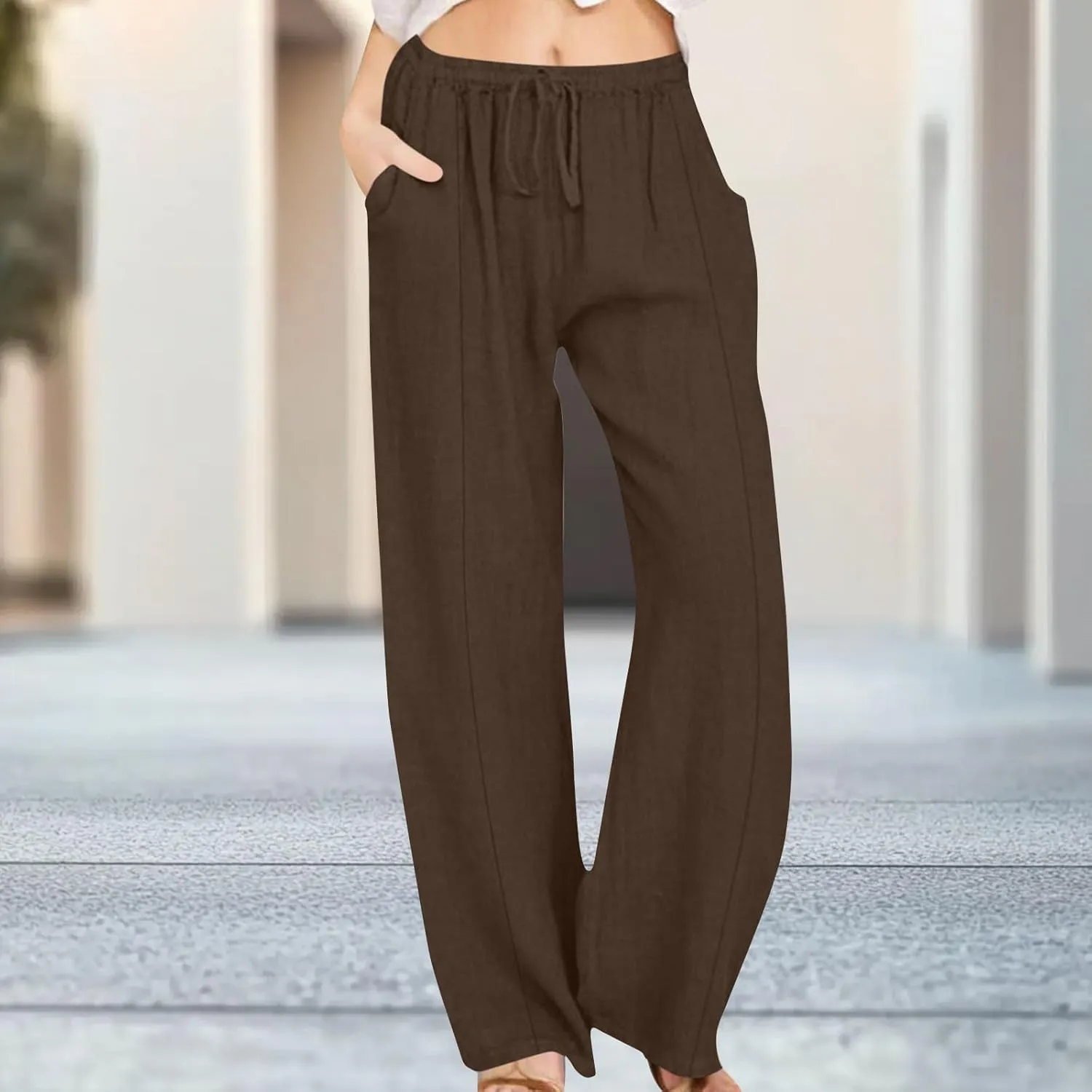 Womens Palazzo Pants Casual Flowy Linen Wide Leg Pants Drawstring Elastic Waisted Summer Beach Trousers with Pockets