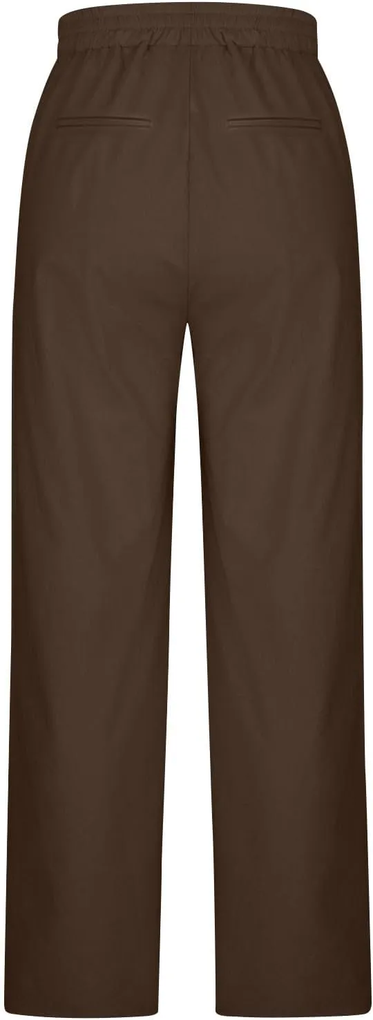 Womens Palazzo Pants Casual Flowy Linen Wide Leg Pants Drawstring Elastic Waisted Summer Beach Trousers with Pockets