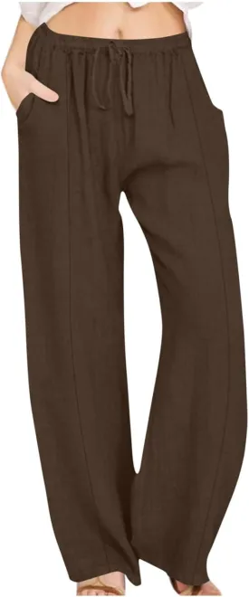 Womens Palazzo Pants Casual Flowy Linen Wide Leg Pants Drawstring Elastic Waisted Summer Beach Trousers with Pockets