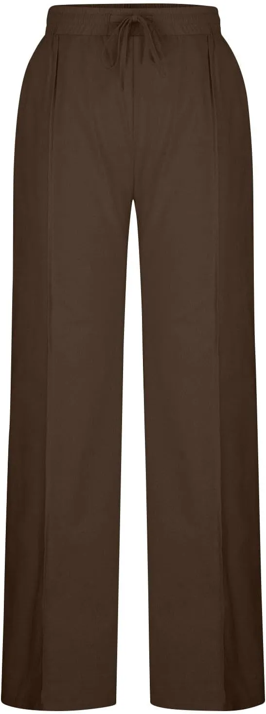 Womens Palazzo Pants Casual Flowy Linen Wide Leg Pants Drawstring Elastic Waisted Summer Beach Trousers with Pockets