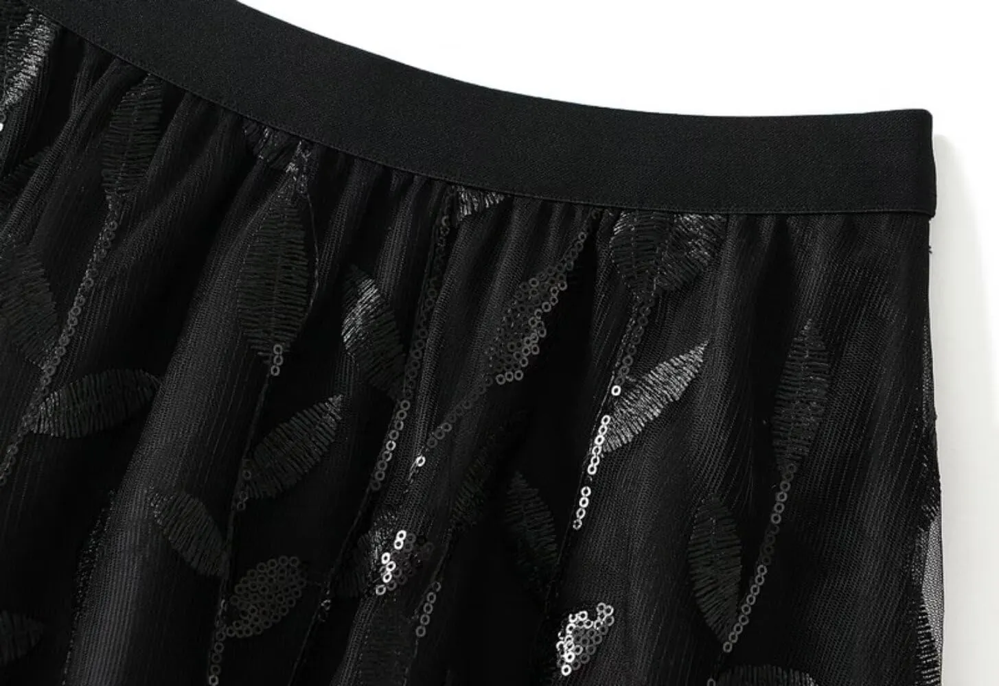Women's Tulle Skirt Elastic High Waist with Elegant Sequin Leaf Embroidery Tiered Mesh Layered A-Line Midi Skirt