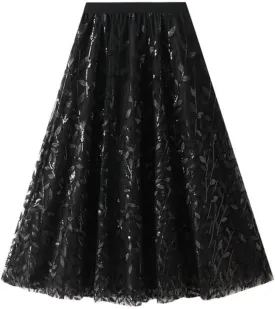 Women's Tulle Skirt Elastic High Waist with Elegant Sequin Leaf Embroidery Tiered Mesh Layered A-Line Midi Skirt
