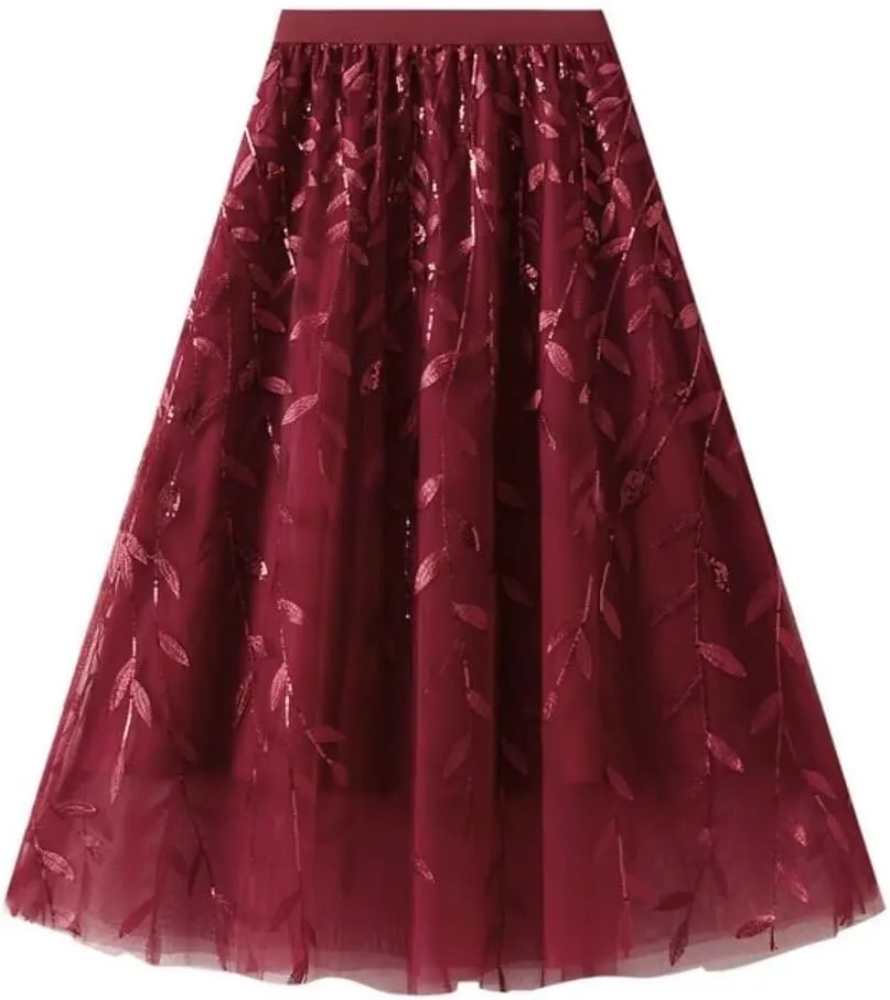 Women's Tulle Skirt Elastic High Waist with Elegant Sequin Leaf Embroidery Tiered Mesh Layered A-Line Midi Skirt