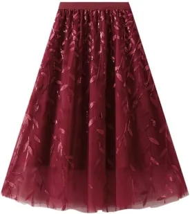 Women's Tulle Skirt Elastic High Waist with Elegant Sequin Leaf Embroidery Tiered Mesh Layered A-Line Midi Skirt