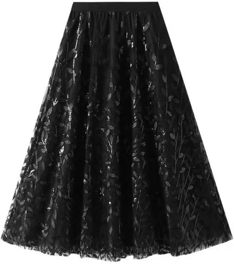 Women's Tulle Skirt Elastic High Waist with Elegant Sequin Leaf Embroidery Tiered Mesh Layered A-Line Midi Skirt