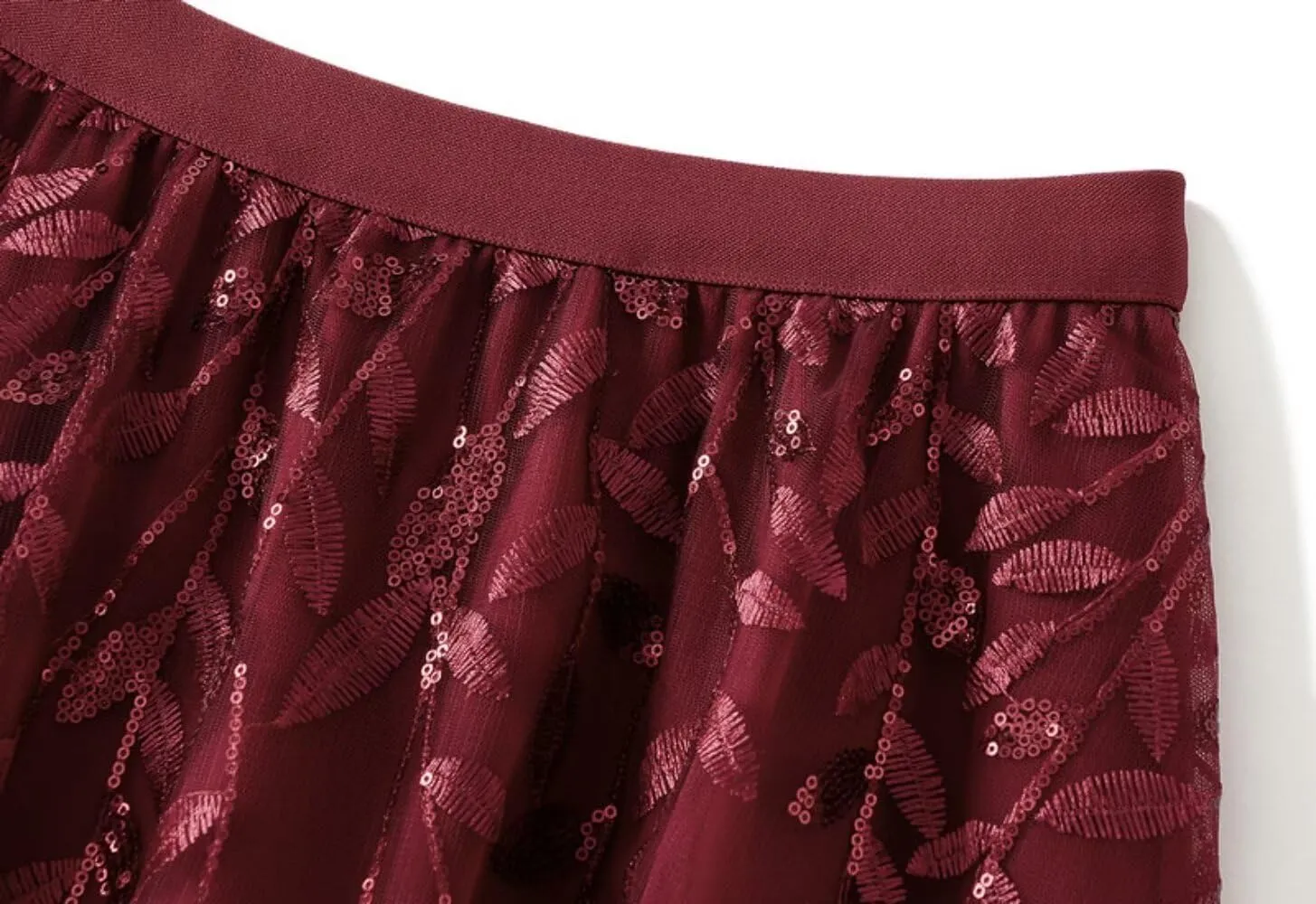 Women's Tulle Skirt Elastic High Waist with Elegant Sequin Leaf Embroidery Tiered Mesh Layered A-Line Midi Skirt