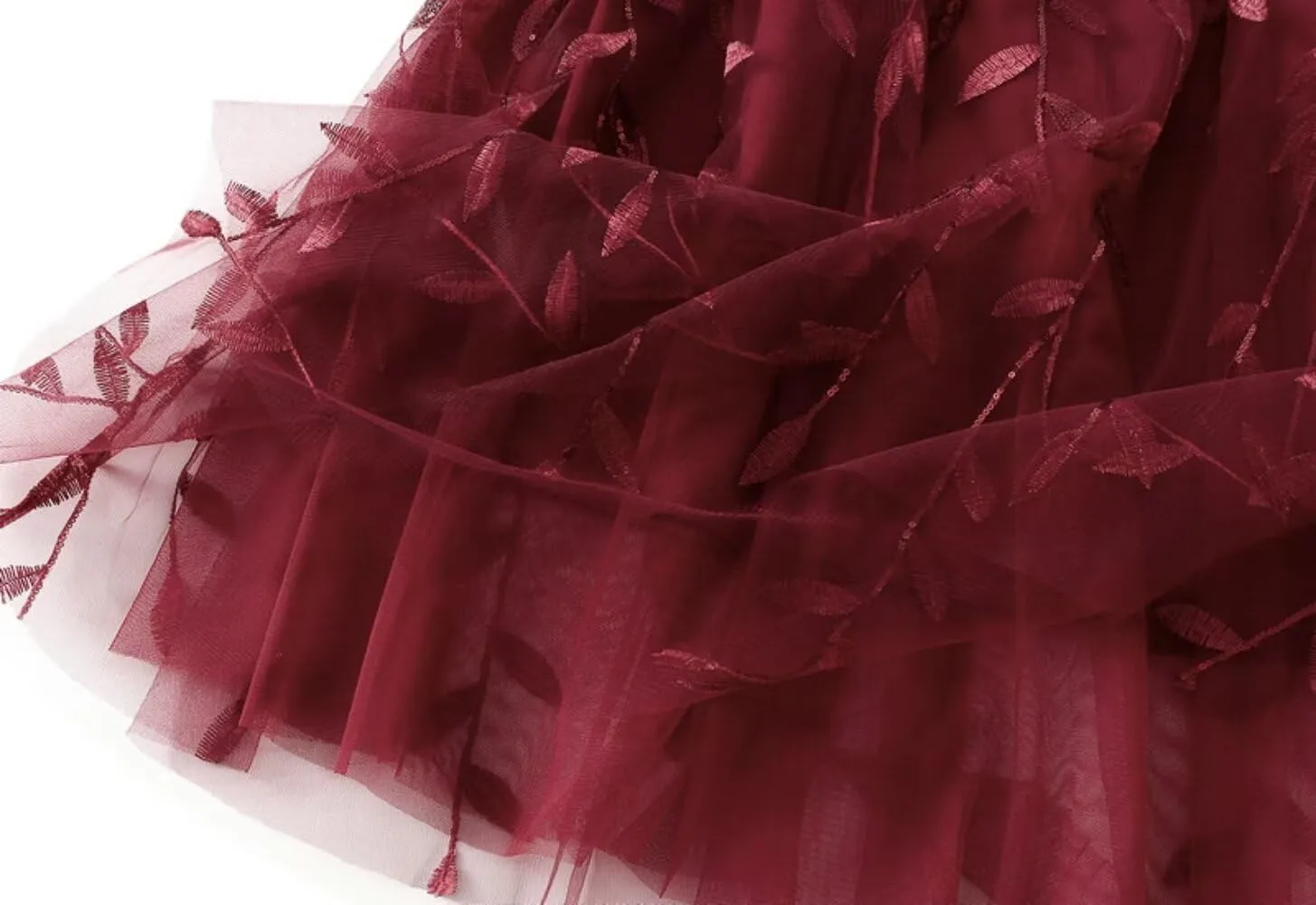 Women's Tulle Skirt Elastic High Waist with Elegant Sequin Leaf Embroidery Tiered Mesh Layered A-Line Midi Skirt